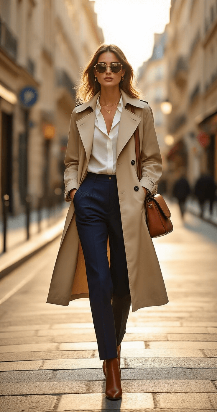 Chic urban fashion model in a tailored beige trench coat and navy trousers confidently walking in a sunlit Paris street, with a vintage handbag and oversized sunglasses, showcasing elegant style.