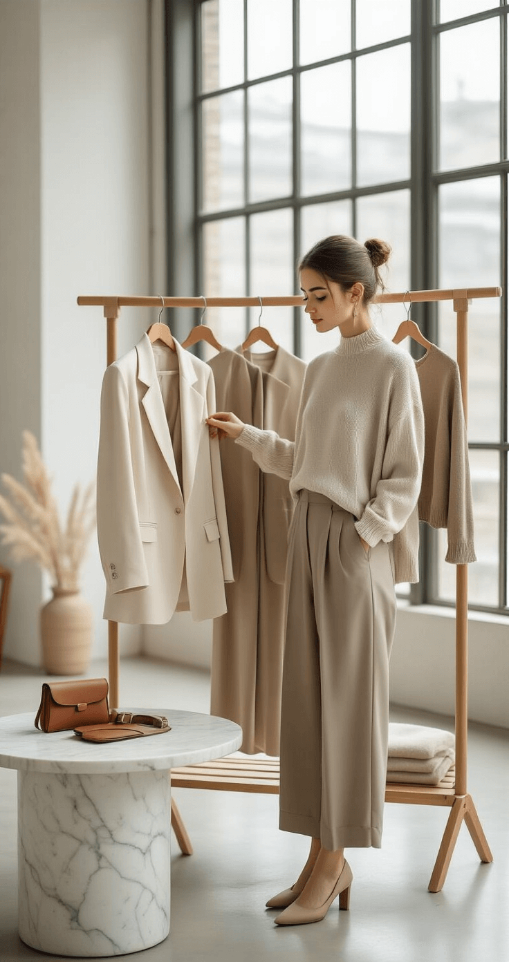 A young professional woman organizes a minimalist monochromatic capsule wardrobe in a softly lit studio, featuring neutral-toned clothing on a wooden rack and leather accessories on a marble side table.