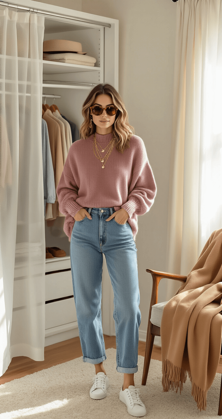 Fashion-forward woman in a cozy bedroom, preparing a weekend casual outfit with warm morning light filtering through sheer curtains, featuring a meticulously organized closet, soft oversized cashmere sweater in dusty rose, vintage high-waisted denim, white leather sneakers, tortoiseshell sunglasses, gold layered necklaces, and a camel wool coat draped over a chair.