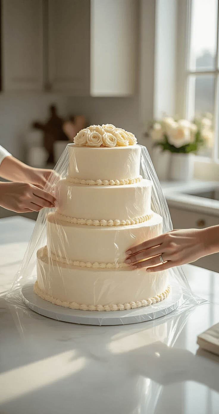 A beautifully styled urban kitchen during golden hour, showcasing a wedding cake preservation scene with a marble countertop. A wedding cake tier is being carefully triple-wrapped in plastic wrap and aluminum foil, illuminated by soft natural light. Elegant hands with minimalist rings are preparing the cake for freezing amidst a clean, sophisticated setting in neutral tones.
