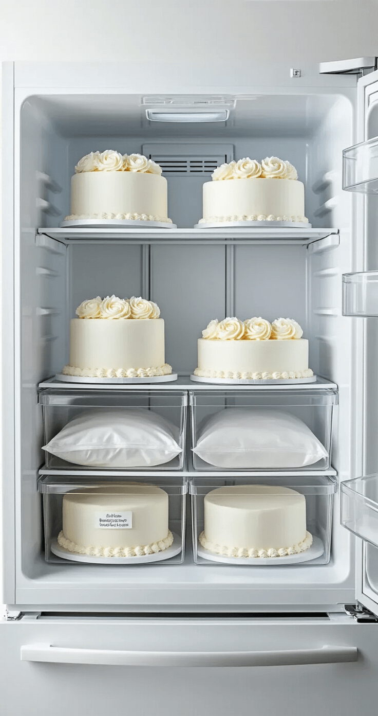 Overhead view of a meticulously organized minimalist freezer interior featuring precisely labeled freezer bags containing wrapped wedding cake tiers, illuminated by soft diffused lighting against a crisp white background.
