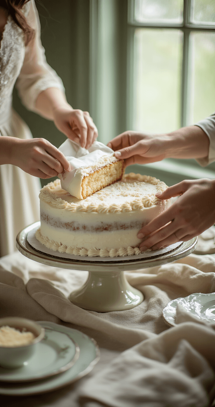 Couple unwrapping preserved wedding cake in soft window light, close-up of hands peeling layers, vintage cake stand, muted sage green and cream colors, natural linen napkins, and delicate ceramic plates, evoking nostalgia and intimacy.