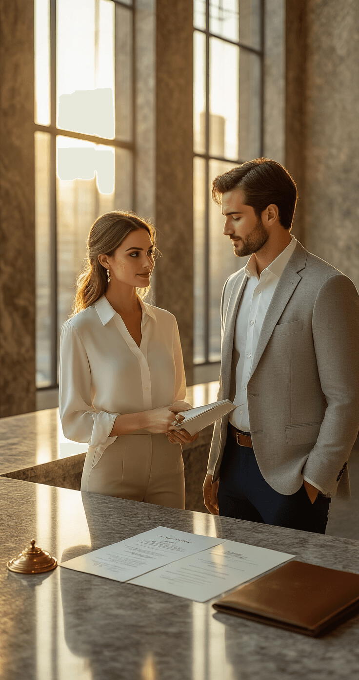 A stylish couple in neutral-toned business casual attire stands at a sleek city hall counter, illuminated by golden hour sunlight. The woman holds a leather document folder, while detailed marriage license paperwork is spread across the polished marble surface, accompanied by a vintage brass pen and official stamp. Their coordinated outfits emphasize a sense of anticipation and partnership.