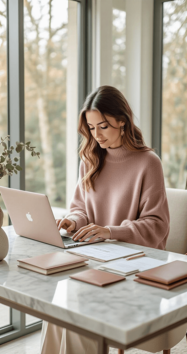 Young professional woman in a dusty rose cashmere sweater and cream wide-leg trousers organizes wedding documents at a marble-top desk in a minimalist home office illuminated by natural light, surrounded by elegant stationery and a leather-bound planner.
