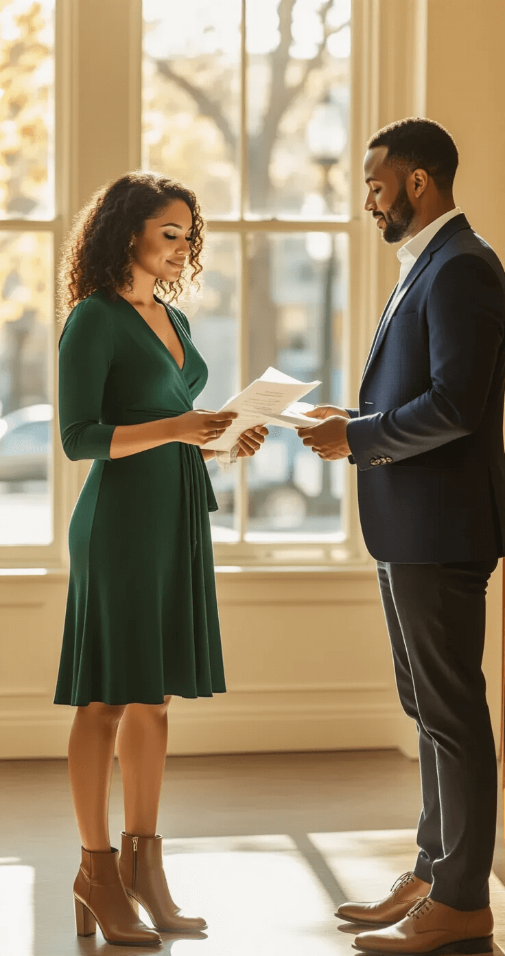 A diverse couple sits together in a sunlit county clerk's office, joyfully applying for their marriage license. The woman, in a deep emerald wrap dress and cognac ankle boots, holds important documents, while her partner is dressed in a tailored navy blazer and white shirt. The warm afternoon light casts soft shadows, emphasizing their coordinated style and personal connection in this intimate moment.