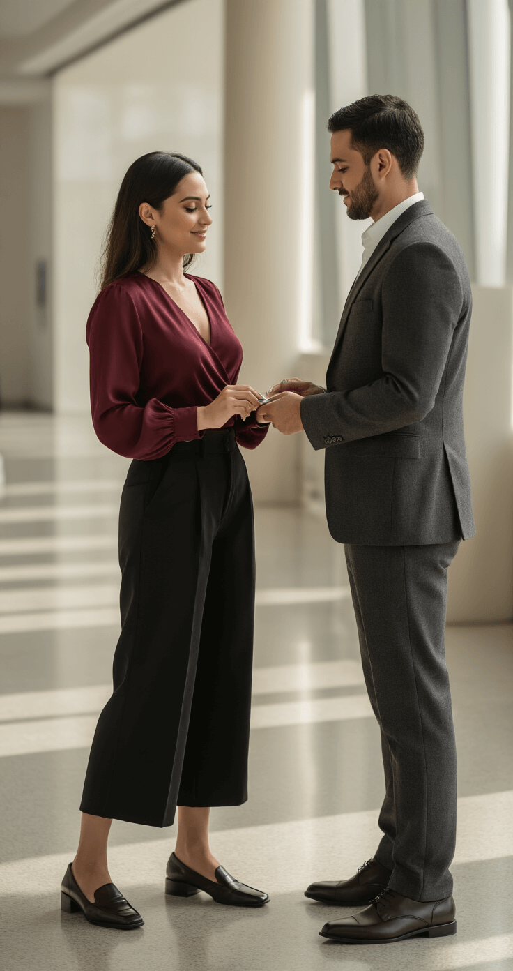 A multicultural couple sits together in a modern government office, filling out their marriage license application. The woman wears a deep burgundy wrap blouse and black wide-leg trousers, while her partner is in a charcoal gray suit with a white shirt. The space features clean architectural lines, abundant natural light, and soft shadows, creating an intimate yet professional atmosphere.