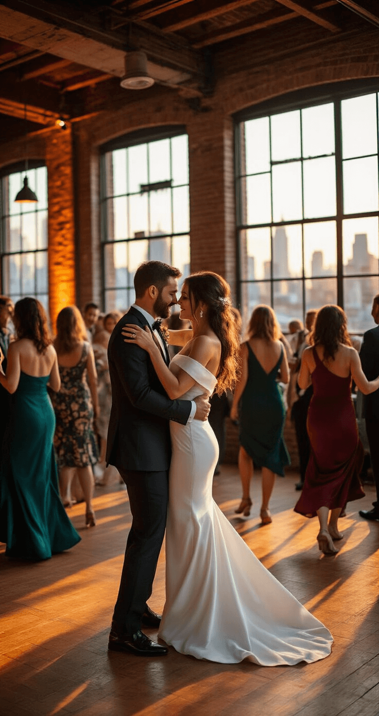A vibrant urban wedding reception dance floor at sunset, featuring a bride in a modern minimalist white off-shoulder dress dancing with her partner, surrounded by a mixed-generation crowd in stylish cocktail attire of emerald, sapphire, and burgundy. The industrial loft venue showcases exposed brick walls and large windows revealing a golden hour cityscape, illuminated by soft amber lighting.