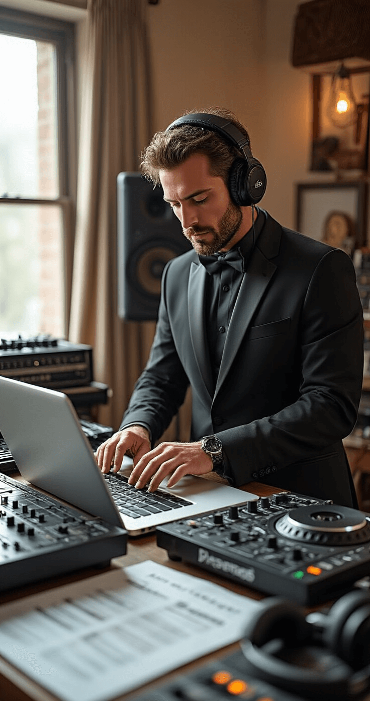 Close-up of a professional DJ in a sophisticated black outfit curating a wedding playlist on a high-end laptop, surrounded by vintage sound equipment and a modern mixing board, with soft studio lighting enhancing the mood and highlighting organized music files and wedding planning documents.