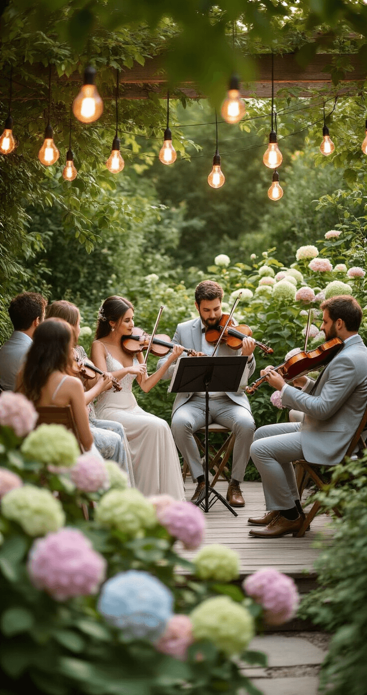 Romantic outdoor cocktail hour featuring a string quartet on a wooden platform, surrounded by blooming hydrangeas, as elegantly dressed guests mingle in a lush garden, illuminated by soft ambient lighting from hanging Edison bulbs during golden hour.