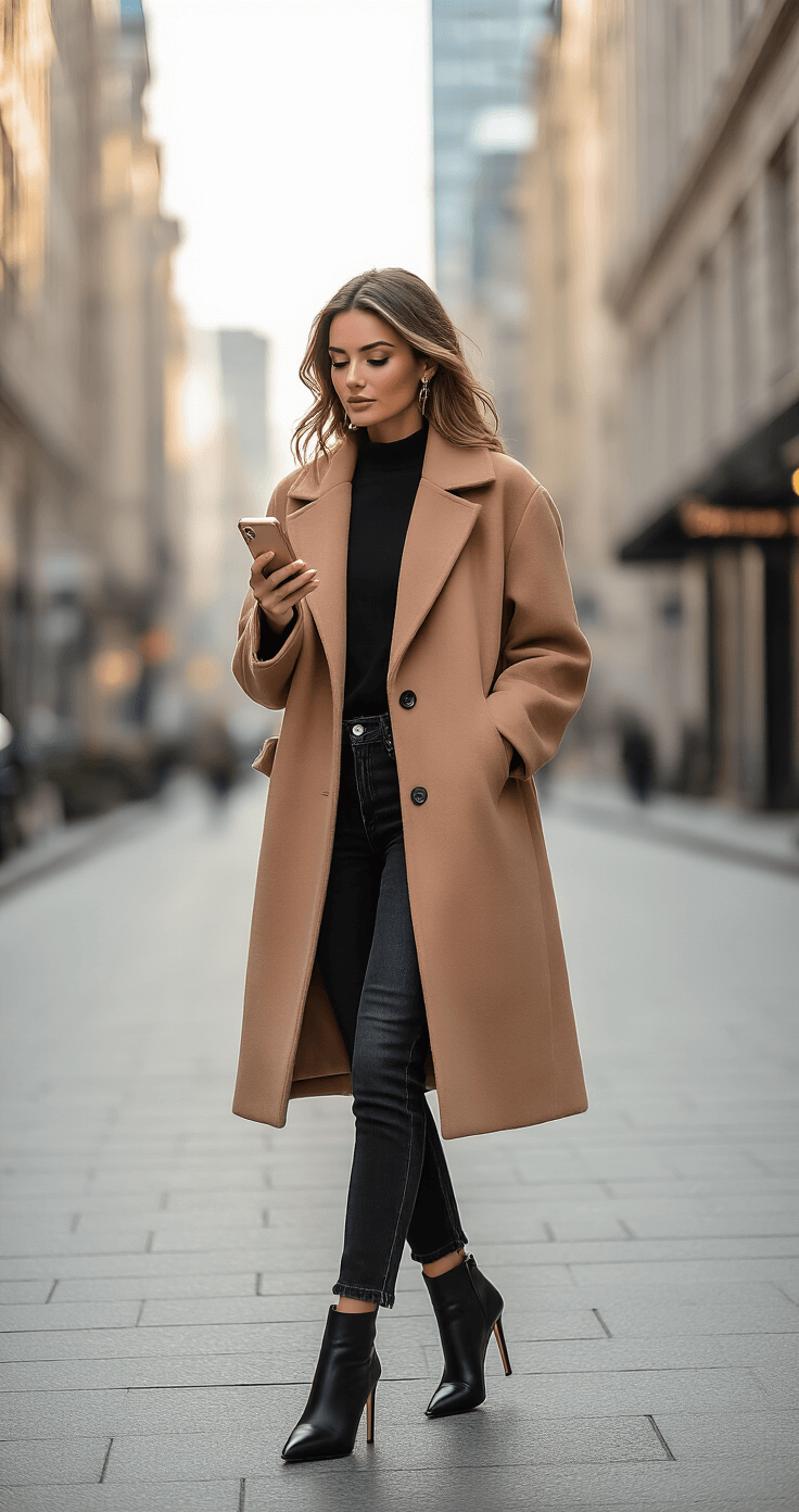 A fashionable bride in a camel oversized wool coat, black slim-fit jeans, and sleek ankle boots strides confidently through a contemporary urban street, checking her wedding website on a rose gold smartphone, with chic city architecture bathed in soft afternoon light.