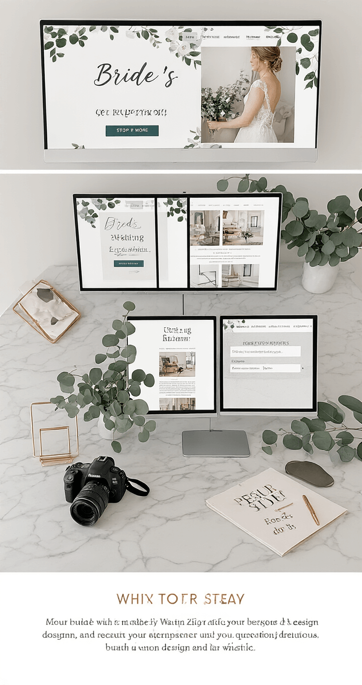 A modern home workspace with a marble-top desk, ergonomic chair, and multiple screens displaying a bride's wedding website design process, complemented by fresh eucalyptus, minimalist gold accessories, and a DSLR camera.