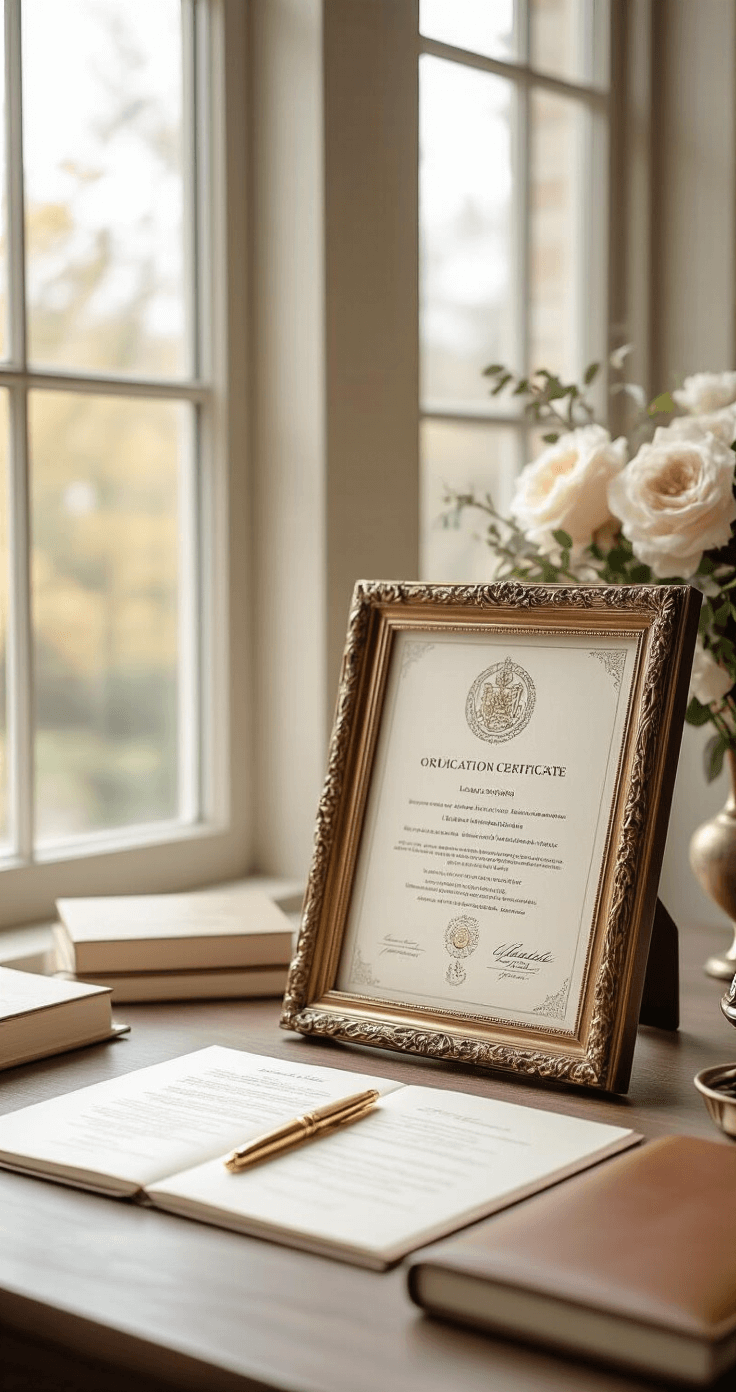 Elegant wedding officiant workspace featuring arranged legal documents, an ornate ordination certificate in a leather frame, natural light from modern windows, and sophisticated accessories like a gold pen and leather-bound notebook in a muted beige and gray palette.