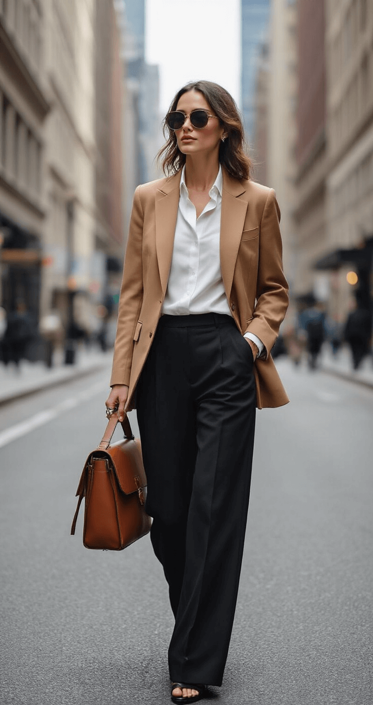 A stylish wedding officiant in a layered monochrome outfit, featuring a crisp white silk shirt, tailored black wide-leg trousers, and a structured camel wool blazer, confidently walking through a sleek city street at midday, accessorized with oversized sunglasses and a leather messenger bag.