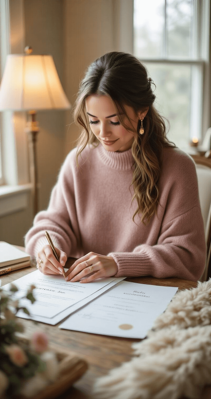 A cozy home office featuring a female officiant in a dusty rose cashmere sweater and minimal gold jewelry, preparing wedding ceremony documents surrounded by wedding planning materials, with warm lighting from a vintage floor lamp, showcasing a comfortable yet professional atmosphere with natural textures.