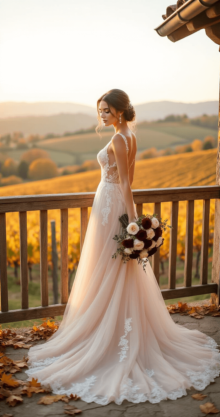 A bride in a soft blush wedding dress with lace details stands on a rustic wooden balcony, overlooking a rolling autumn vineyard. The warm amber light casts soft shadows as crisp fall leaves are scattered at her feet. She wears minimalist pearl drop earrings and holds a bouquet of burgundy and cream roses.