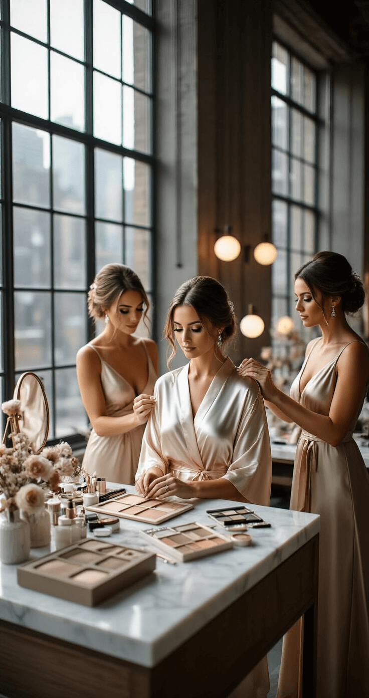 A bright urban loft wedding preparation scene featuring a bride in a silk robe, surrounded by champagne-colored bridesmaids arranging vintage accessories, with modern marble surfaces and elegant makeup stations illuminated by morning light.