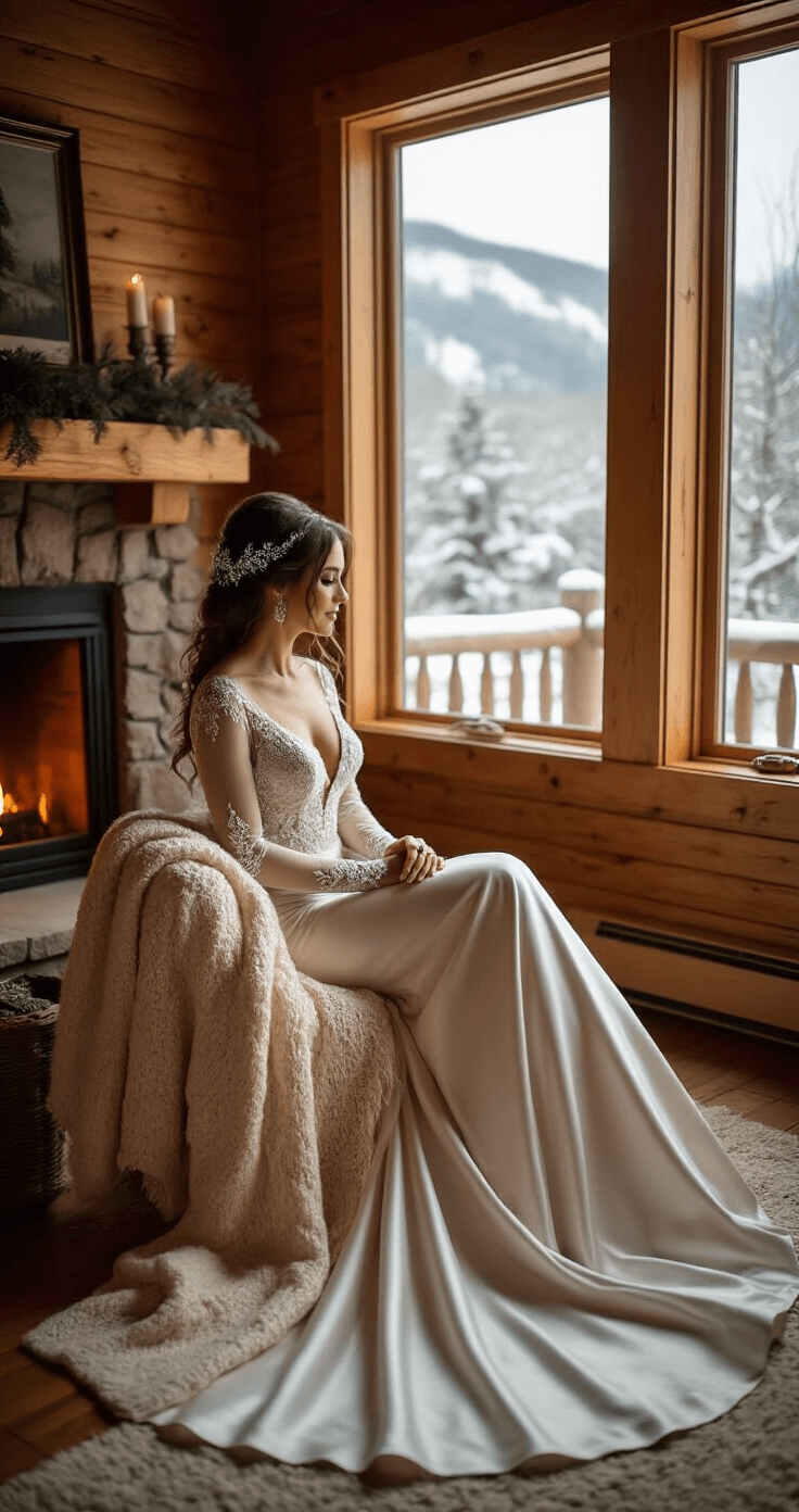 A serene winter wedding morning inside a cozy mountain cabin, featuring a bride in a long-sleeved satin gown with intricate beadwork, surrounded by natural pine wood interiors, a warm fireplace glow, and a picturesque snow-covered landscape visible through a large window. She wears a vintage silver hairpiece and minimalist jewelry, wrapped in a soft cream knit throw blanket.