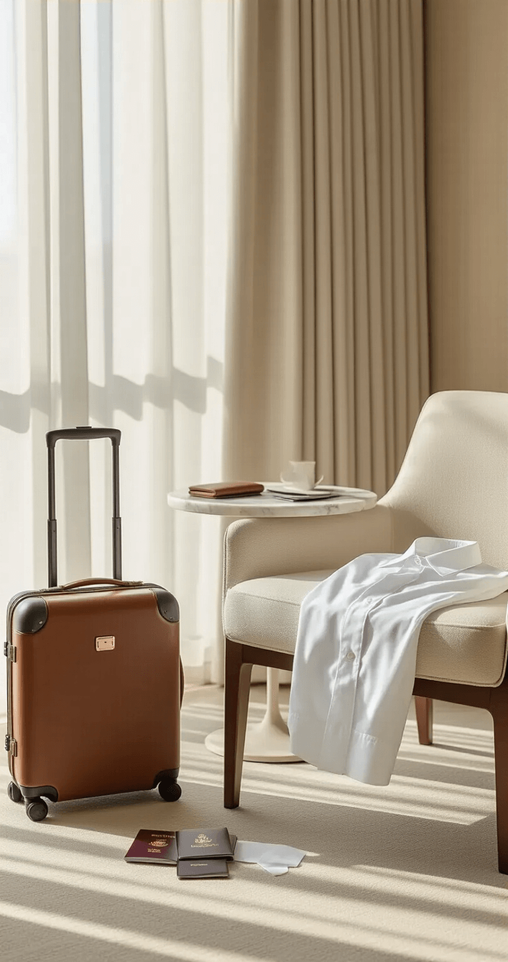 An elegant minimalist hotel room featuring designer leather luggage, a crisp white shirt draped over a chair, and neatly arranged travel documents on a marble side table, all illuminated by soft natural light in neutral beige and cream tones.