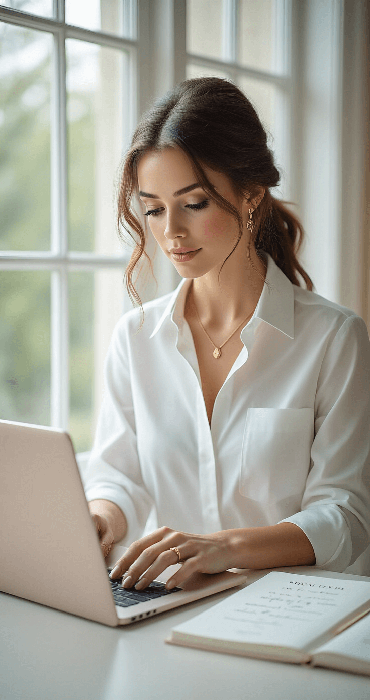 A bride-to-be in a minimalist home office, wearing a white button-down shirt and gold jewelry, organizes her wedding guest list on a laptop, with a wedding planner notebook open beside her, all set in soft natural light and a pastel color palette.