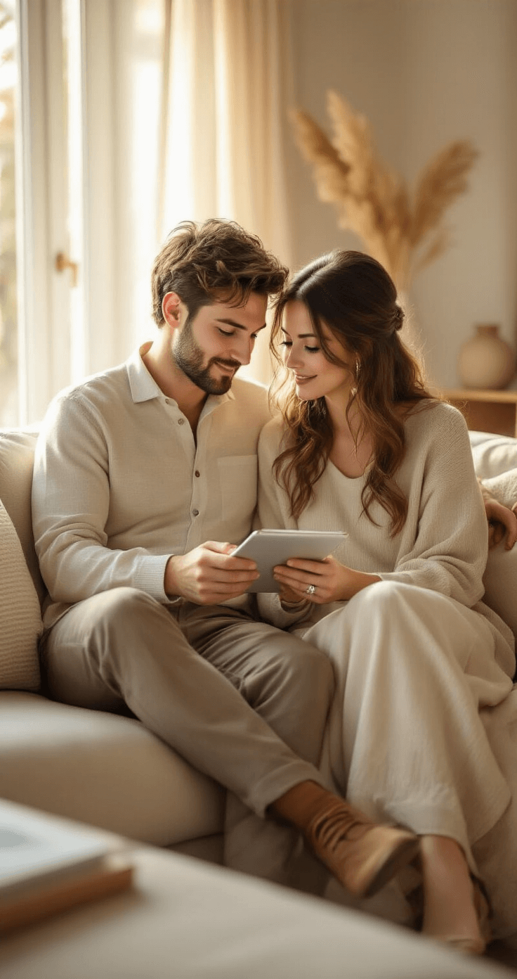 A stylish young couple in neutral toned clothing sitting close on a mid-century modern couch, using a tablet to compare wedding guest spreadsheets, illuminated by warm golden hour light that highlights their engagement rings, in a minimalist living room with a soft beige and cream color scheme.