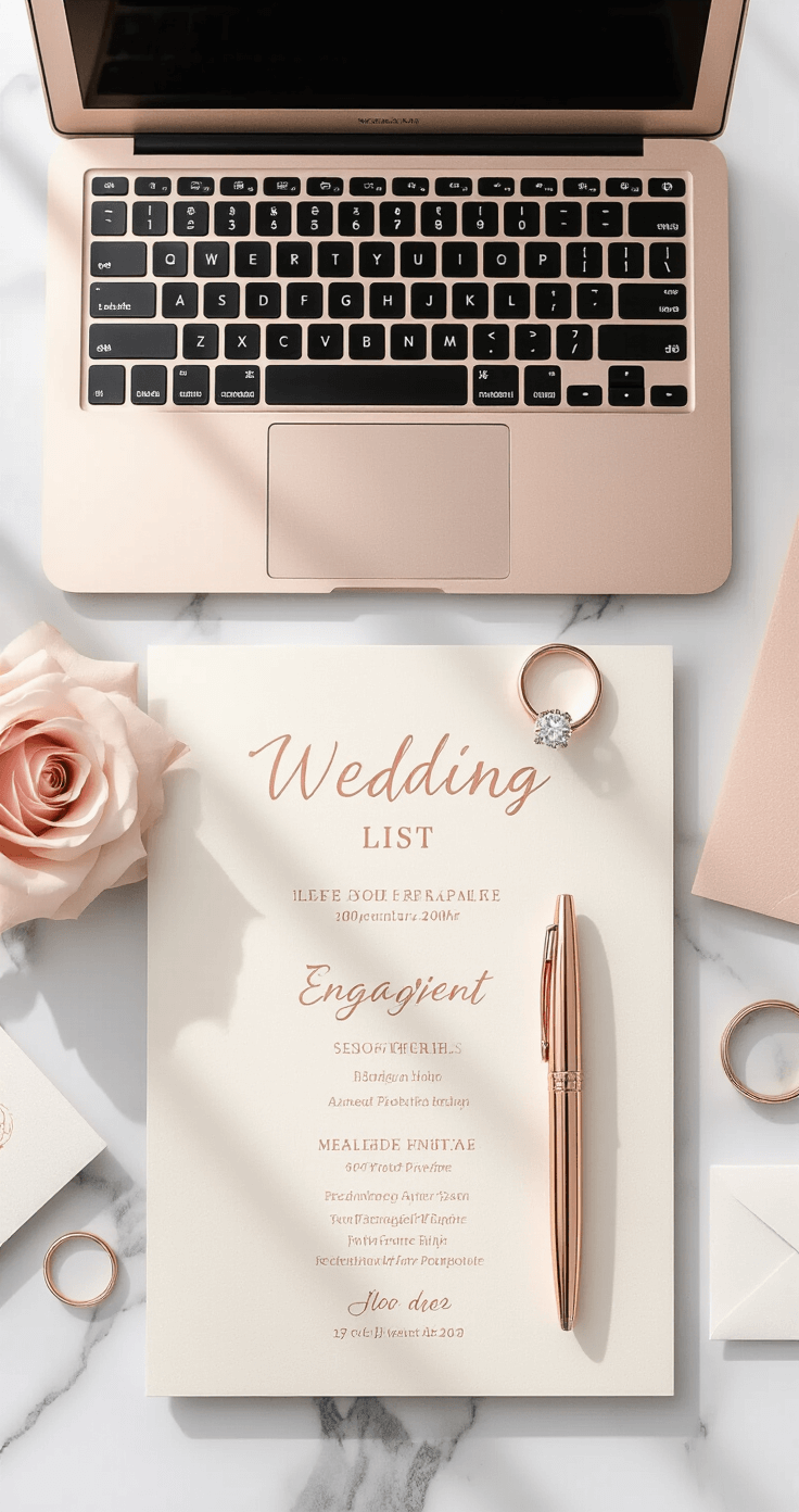 A flat lay wedding organization scene featuring a rose gold MacBook, an ivory wedding planner, a metallic rose gold pen, an engagement ring, and scattered wedding invitation samples, all styled on a marble surface with a blush pink and champagne color palette, illuminated by soft natural light.