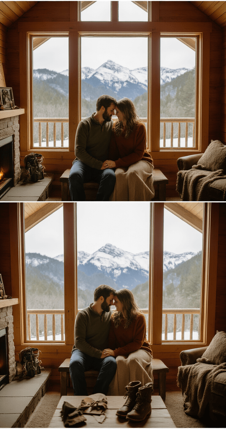 A couple in coordinated earth-toned outdoor adventure clothing stands inside a cozy wooden lodge, sharing a heartfelt vow renewal moment by a large picture window framing a snow-capped mountain view, with soft fireplace light illuminating personal mementos and their vintage leather hiking boots.
