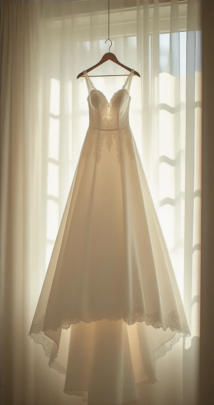 A pristine white wedding gown in a cotton garment bag hanging in a sunlit bedroom closet, showcasing intricate lace and beadwork, with soft morning light filtering through sheer curtains.