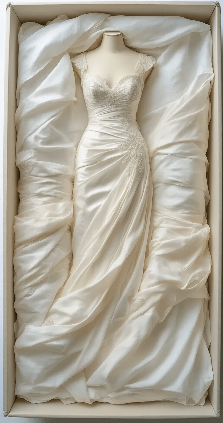 A carefully folded wedding dress protected by archival tissue paper inside a museum-quality acid-free storage box, illuminated by soft natural light, showcasing its elegant fabric and intricate beadwork.