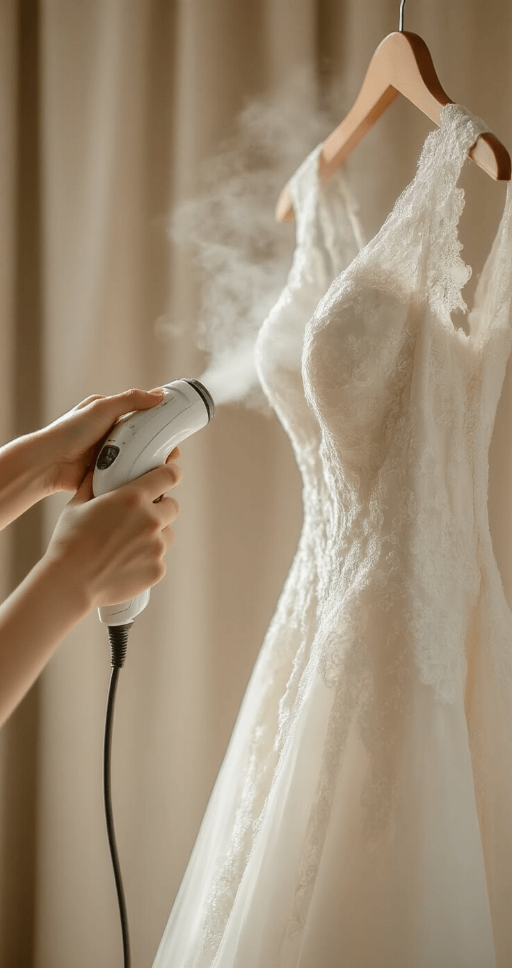 Close-up of hands steaming a wedding dress with a handheld garment steamer, showcasing the delicate textures of silk, lace, and tulle under soft, diffused studio lighting against a neutral background.