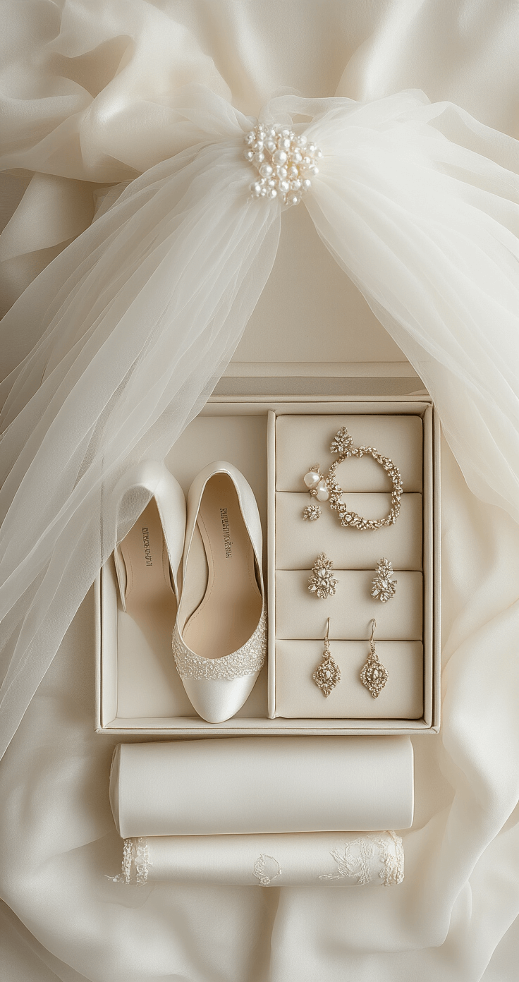 A flat-lay image showcasing wedding dress accessories for long-term storage, featuring a rolled ivory veil with acid-free tissue, wedding shoes stuffed for shape, and vintage jewelry in a fabric-lined box, all arranged in a soft, muted color palette with elegant lighting.