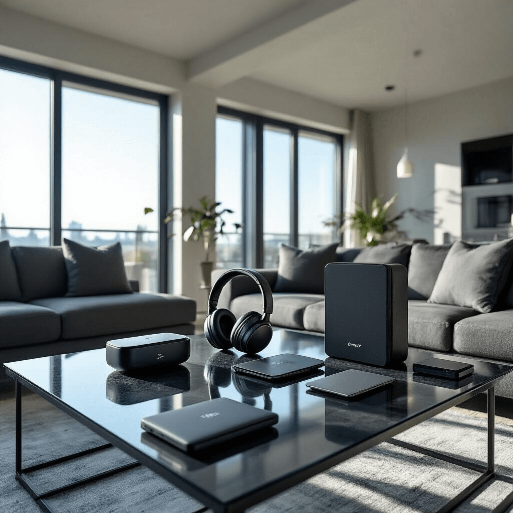 Cinematic wide-angle shot of a modern apartment living room featuring tech gifts on a sleek glass coffee table, showcasing wireless headphones, smart gadgets, and minimalist wallets on dark slate surfaces, illuminated by soft afternoon sunlight streaming through floor-to-ceiling windows, highlighting geometric shadows and a sophisticated masculine atmosphere with contemporary charcoal and steel furniture.