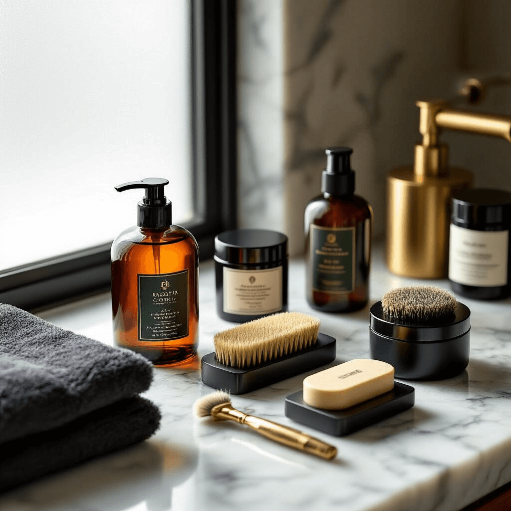 Intimate flat lay of luxury grooming essentials including beard care products, cologne bottles, and skincare tools on a marble countertop, bathed in soft morning light, with rich textures and a warm color scheme of deep amber, forest green, and brass accents.