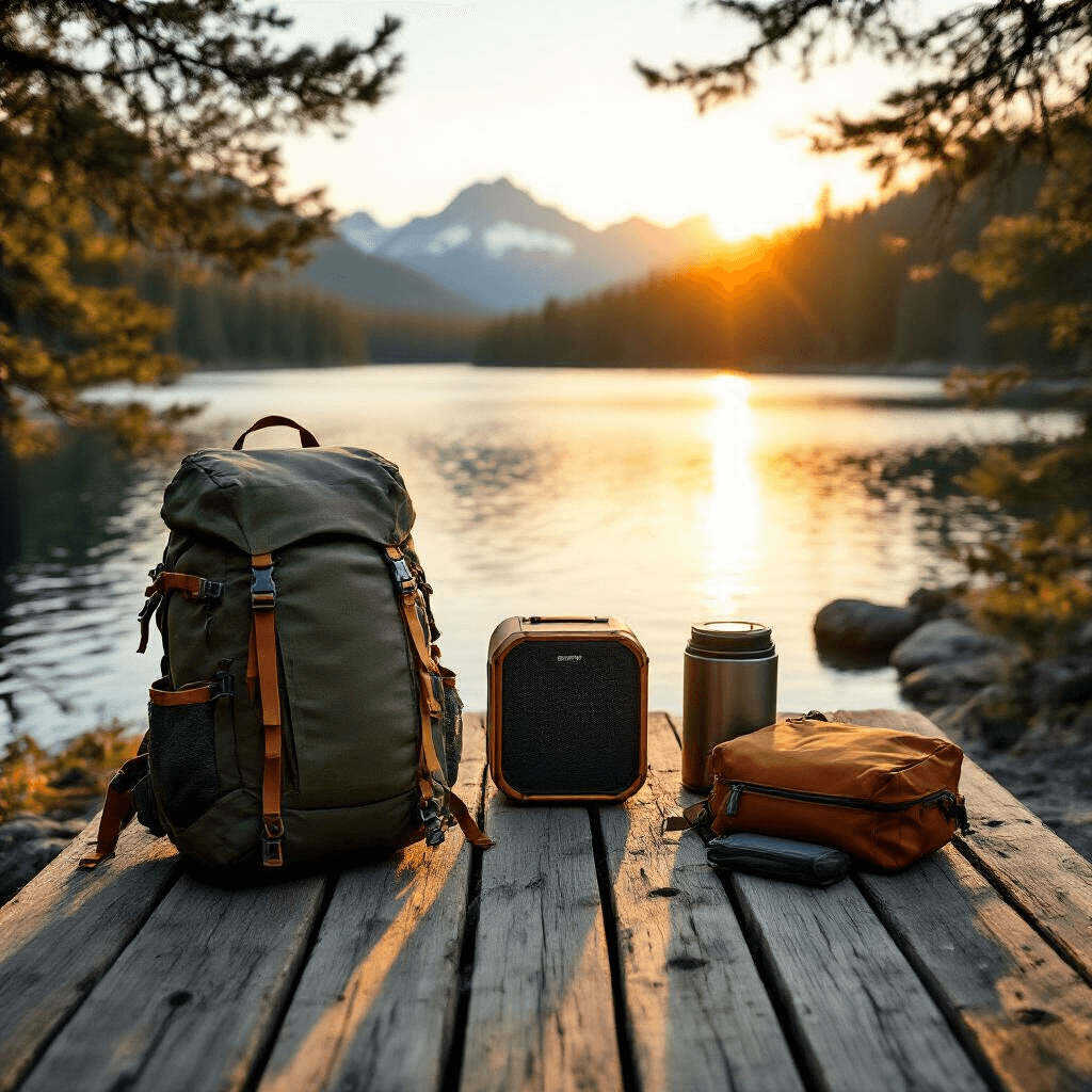 Overhead drone shot of outdoor adventure gear, including a compact hiking backpack and camping equipment, arranged on a weathered wooden dock at golden hour by a tranquil lake, with warm sunset light and natural materials enhancing the outdoorsman aesthetic amidst pine trees and mountain silhouettes.