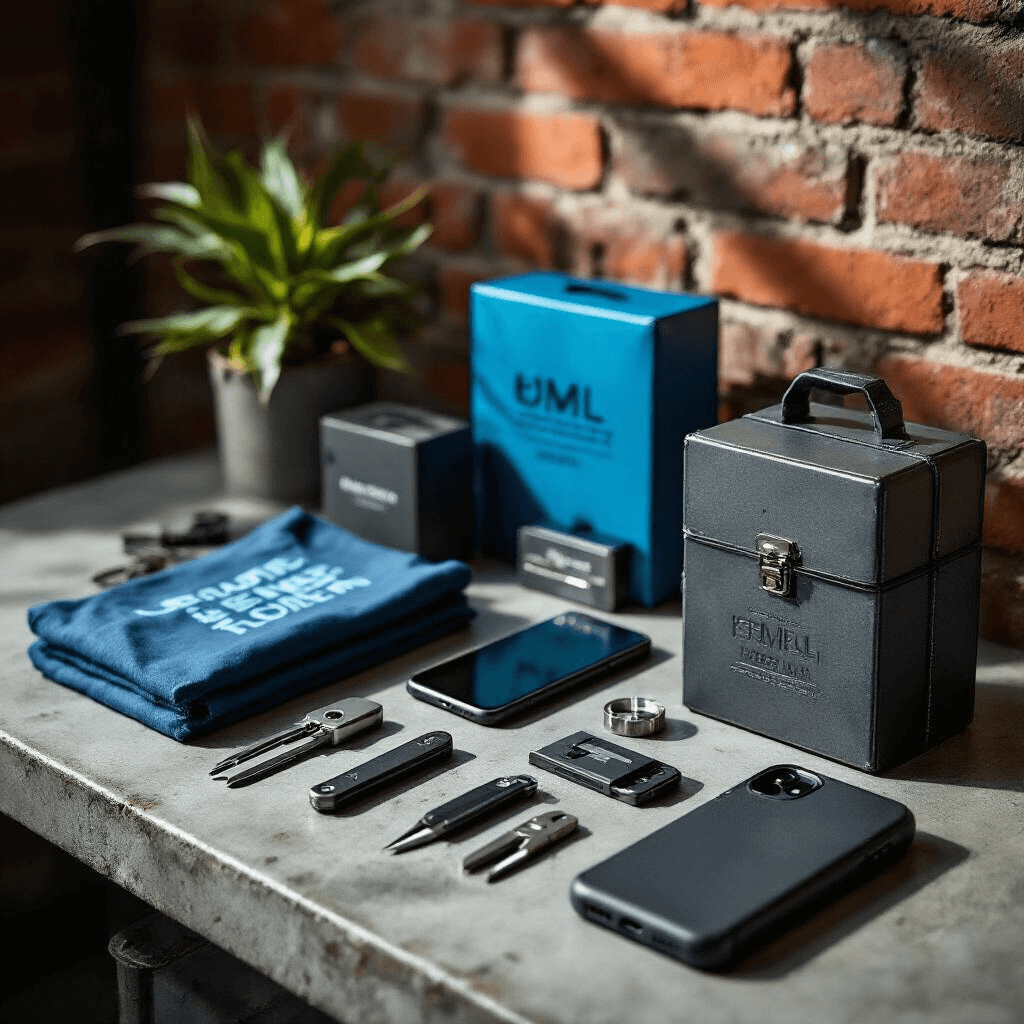 Close-up shot of budget-friendly gifts including multi-tools, graphic t-shirts, and phone accessories on a concrete surface, featuring moody lighting and an exposed brick wall backdrop, showcasing a contemporary urban aesthetic in gunmetal gray and electric blue.