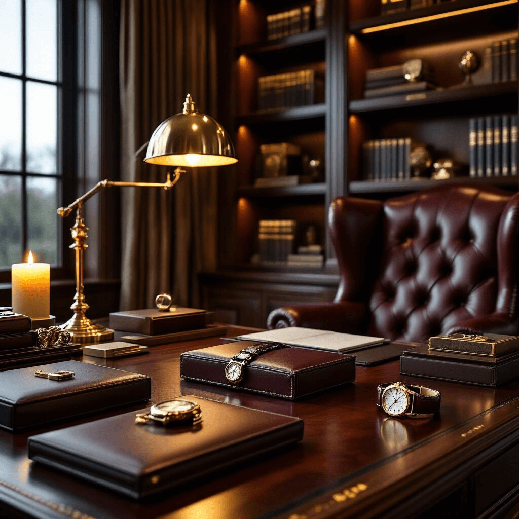 Elegant wide-angle shot of a luxury home office displaying premium leather accessories, designer watches, and high-end tech on a rich walnut desk, illuminated by a warm candlelit ambiance and a brass desk lamp, with floor-to-ceiling bookshelves and a leather wingback chair enhancing the sophisticated setting.