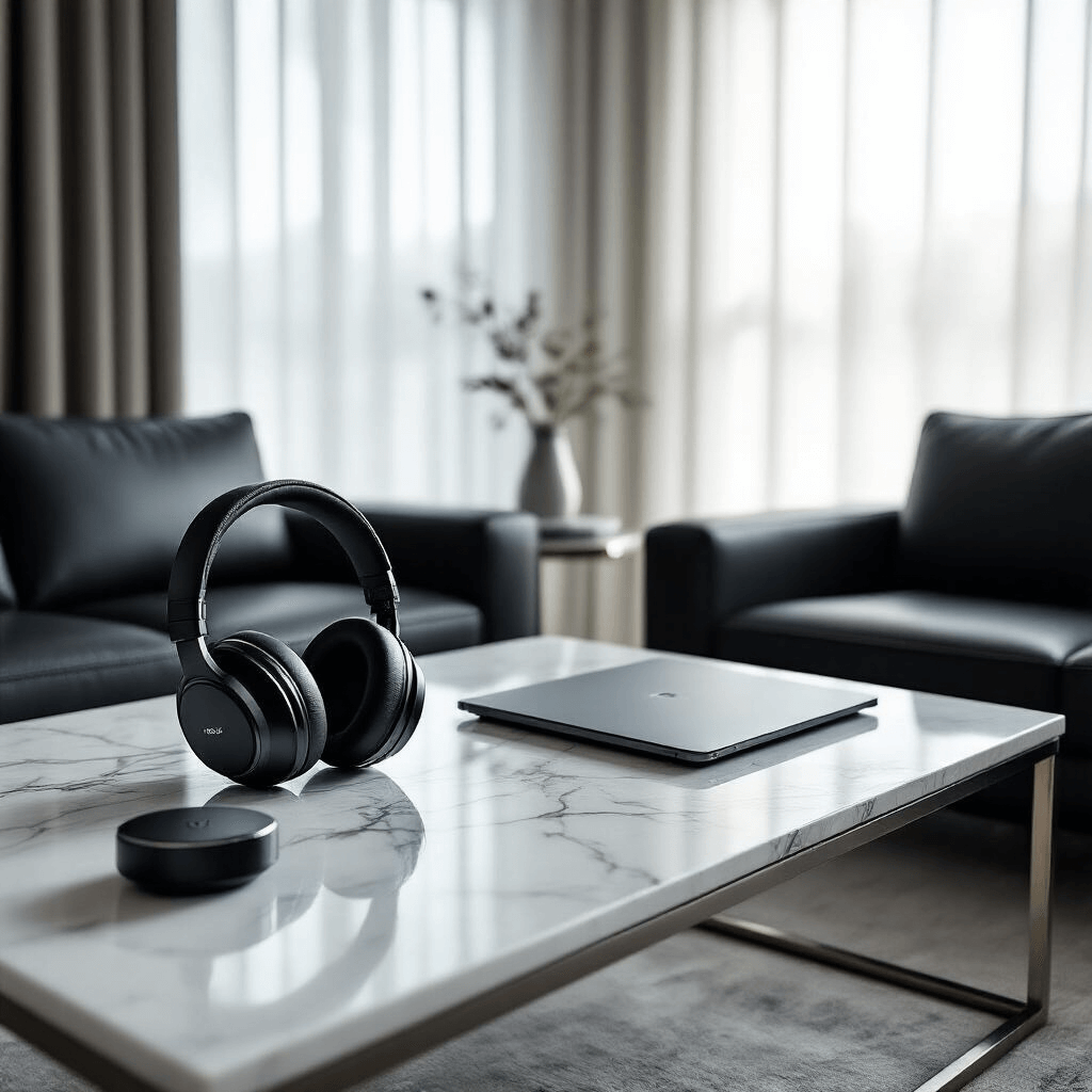 Modern living room setup for Father's Day featuring a sleek coffee table with wireless headphones, an ergonomic laptop desk, and smart home devices on a marble surface, all illuminated by soft morning light through sheer curtains. The space showcases minimalist styling with chrome accents, black leather furniture, and geometric patterns in a neutral palette of charcoal, silver, and white.