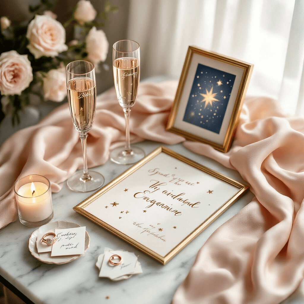 Photorealistic overhead shot of an elegant engagement gift styling scene with blush pink silk linens, vintage gold-etched champagne flutes, a watercolor star map in a gold frame, rose gold engagement ring dishes with love notes, and soft candlelight, all illuminated by natural morning light through sheer curtains.