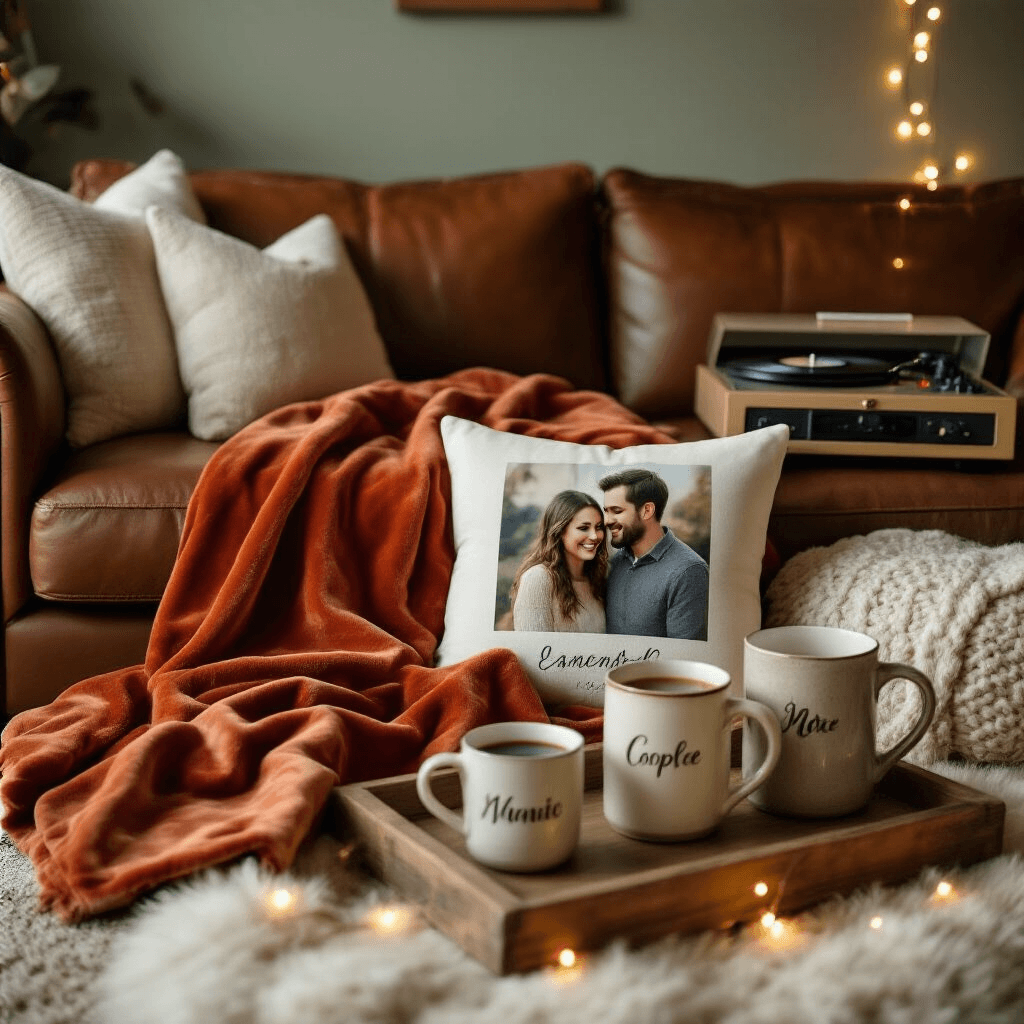 A cozy living room with a leather sofa draped in a terracotta velvet throw, featuring a custom photo pillow, personalized ceramic mugs, a rustic tray with a gourmet coffee subscription, soft fairy lights, and a vintage record player, all in a muted sage and cream color palette.
