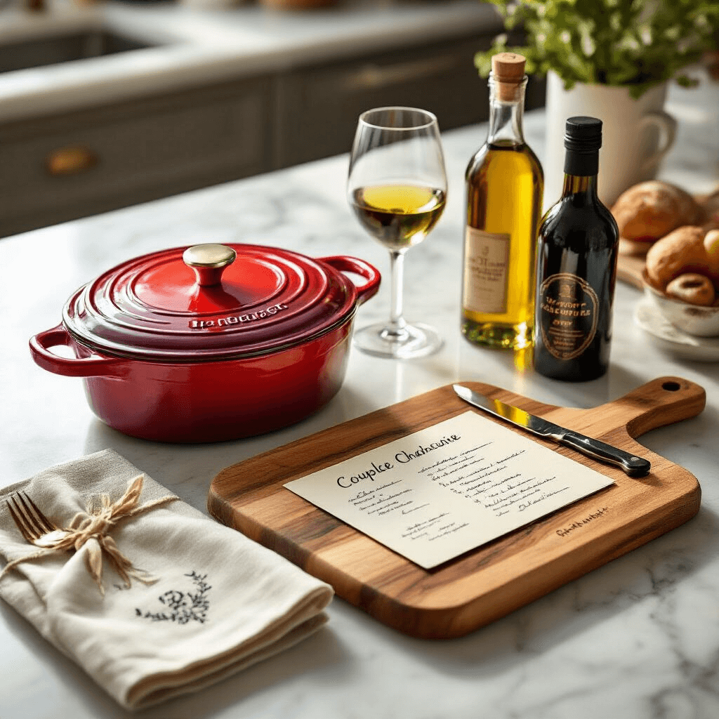 A beautifully styled kitchen scene featuring a heart-shaped deep red Le Creuset cocotte, a personalized wooden charcuterie board with engraved initials, artisan olive oil and balsamic vinegar, vintage-style hand-written recipe cards, elegant monogrammed linen napkins, and golden hour sunlight streaming over a marble countertop.