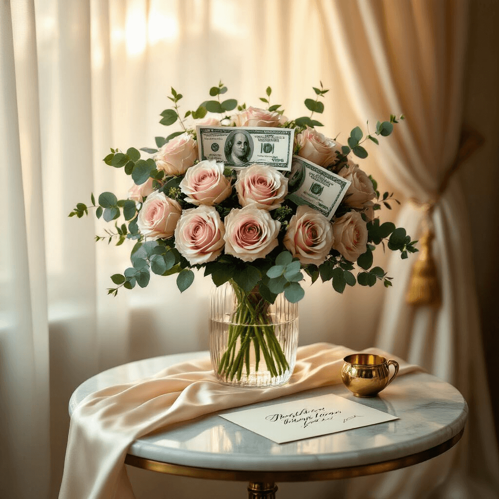 21 Money Gift Ideas That'll Make Cash Feel Like the Most Thoughtful Present Ever Photorealistic image of a money bouquet made of folded dollar bills arranged with blush pink roses and eucalyptus in a crystal vase on a marble-topped table, illuminated by soft golden hour light filtering through sheer ivory curtains.