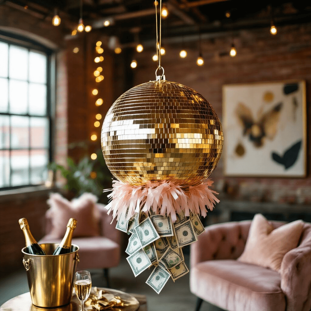 21 Money Gift Ideas That'll Make Cash Feel Like the Most Thoughtful Present Ever Close-up of a metallic gold disco ball piñata filled with rolled bills and confetti, hanging in an industrial loft with exposed brick walls. Surrounding the piñata are soft fairy lights, a champagne bucket, and plush velvet furniture, all in a blush and gold color scheme, creating a festive yet elegant birthday celebration atmosphere.