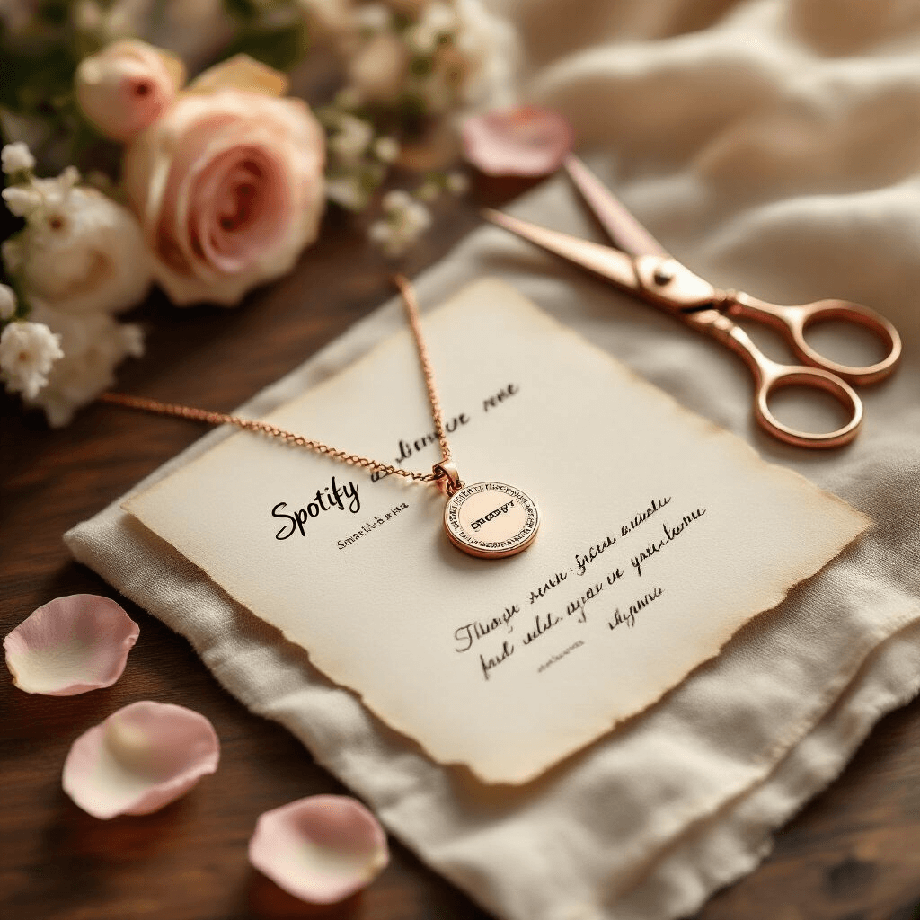 A photorealistic scene showcasing a personalized Spotify song necklace on an elegant walnut wood surface, complemented by a hand-written love note, rose gold scissors, and scattered blush pink rose petals, all bathed in soft golden afternoon light with a warm, neutral-toned background.