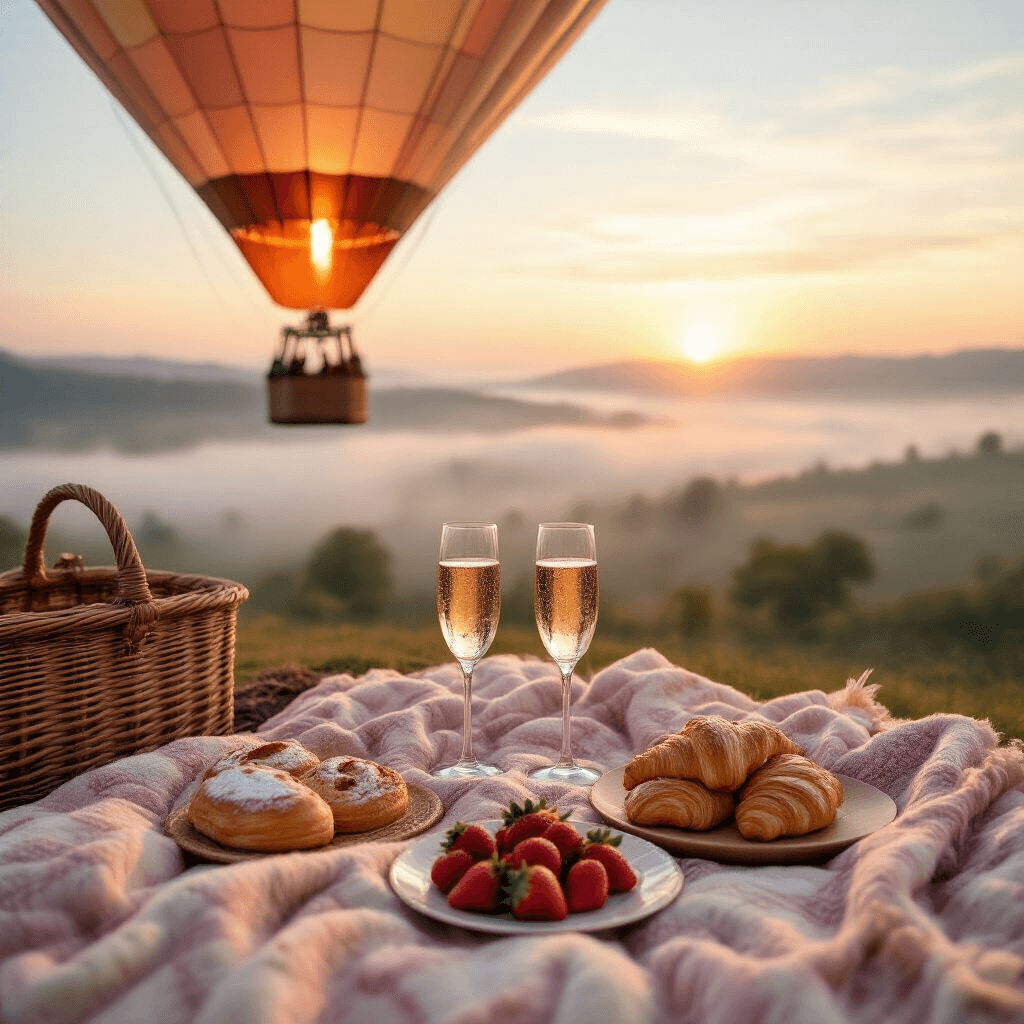 A romantic sunrise hot air balloon scene featuring two champagne glasses clinking, a woven picnic blanket with personalized edge details, fresh strawberries and artisan pastries, and soft morning light filtering through misty clouds, with a scenic landscape below.