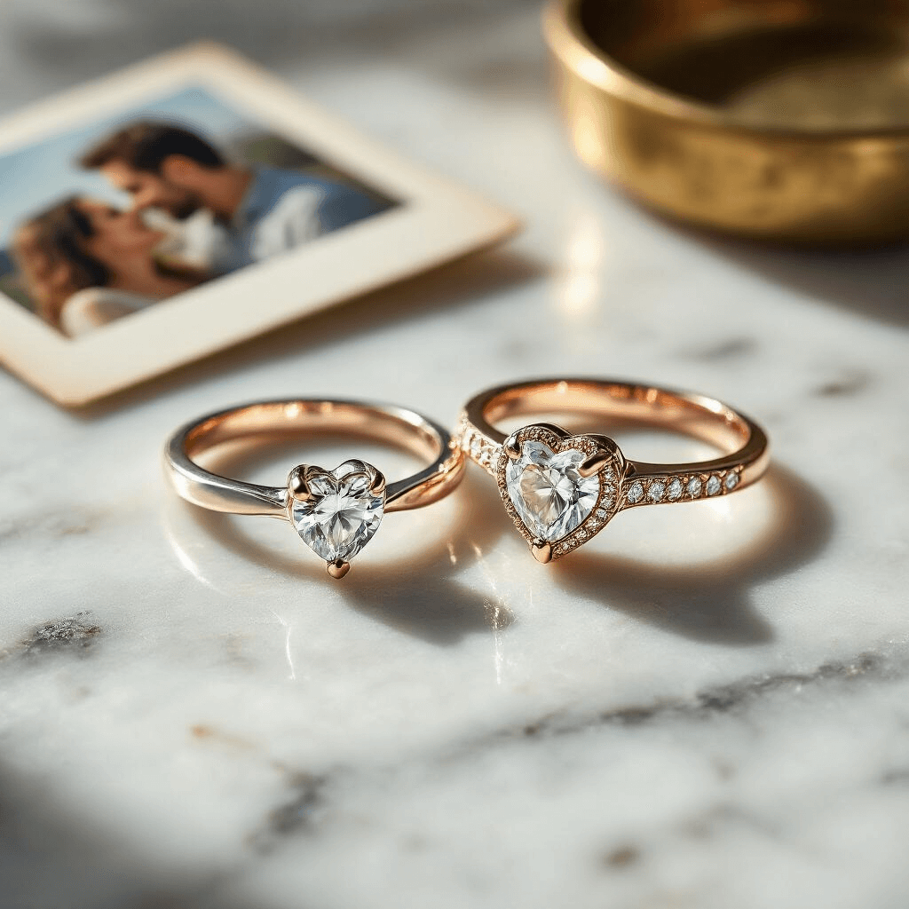 Two interlocking heart-cut rings in sterling silver with rose gold accents rest on a raw marble surface, illuminated by dramatic side lighting that highlights delicate engravings; a small polaroid of a couple's moment is partially visible in the background, alongside a vintage brass ring dish, all captured in a soft focus macro style that enhances the romantic atmosphere.