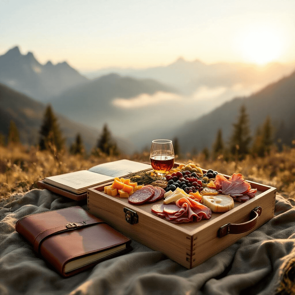 Elegant portable wooden picnic carrier set against a misty mountain landscape at golden hour, featuring a gourmet charcuterie board, a vintage leather-bound adventure journal, and a partially open scratch-off date night book, all presented in warm earthy tones of olive, rust, and cream, with soft natural light casting gentle shadows, evoking a sense of spontaneous romantic adventure.