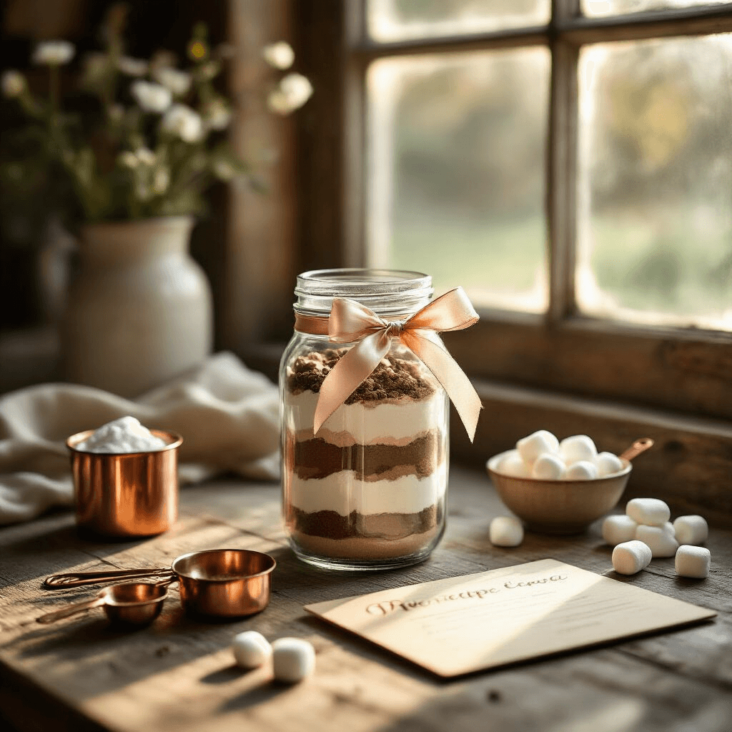 A rustic kitchen countertop featuring a DIY gift kit with a mason jar of layered hot cocoa mix tied with a silk ribbon, surrounded by copper measuring spoons, a wooden recipe card, and marshmallows, all illuminated by soft golden hour light in a hygge-inspired scene.