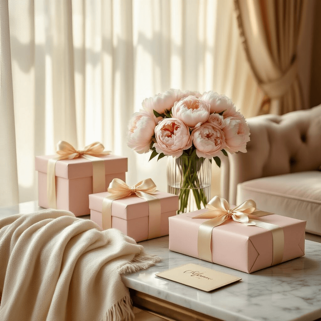 A luxurious living room bathed in golden afternoon light, featuring a marble console with elegantly wrapped gifts, fresh peonies in a crystal vase, and a cashmere throw over a velvet armchair.