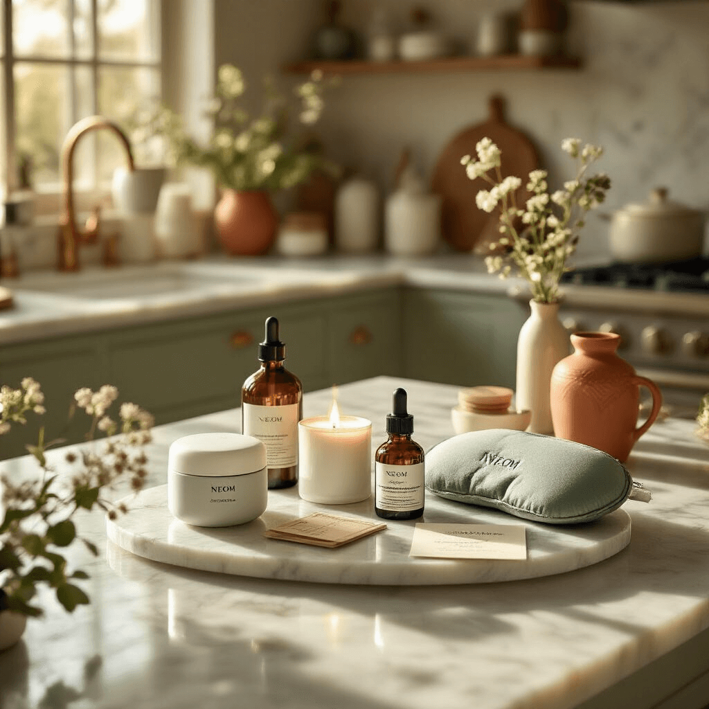 An intimate kitchen scene at golden hour featuring a marble countertop adorned with luxury skincare gifts, including a NEOM diffuser, weighted eye mask, and Vintner's Daughter serum, surrounded by soft sage green and terracotta kitchen accessories, a handwritten card, and delicate botanical elements.
