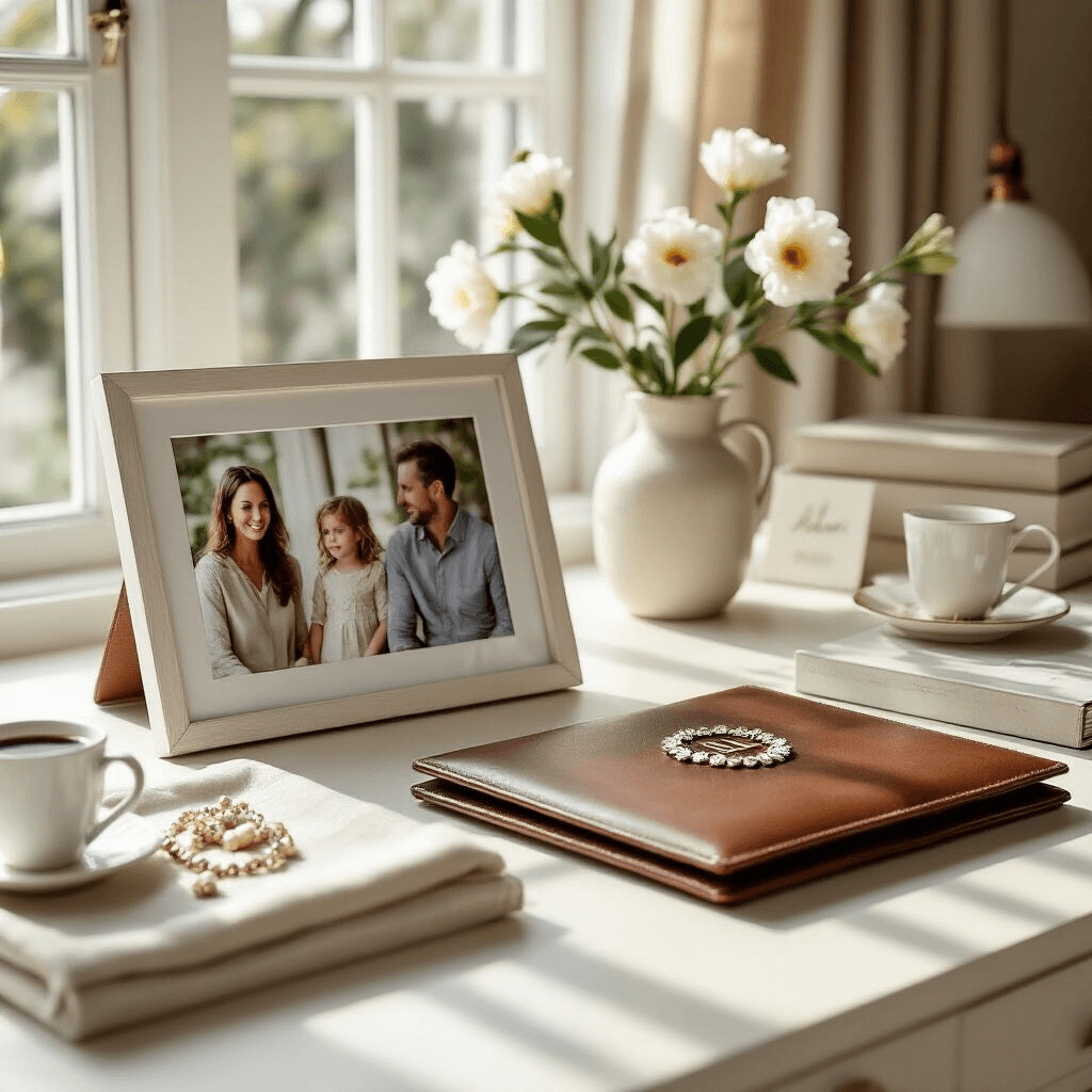 A stylish home office featuring an Aura digital frame with family photos, a monogrammed leather portfolio, and delicate birth flower jewelry on a white oak desk, illuminated by soft morning light. A melamine tray holds a brewed espresso, surrounded by layered textures of linen, leather, and metallic accents.