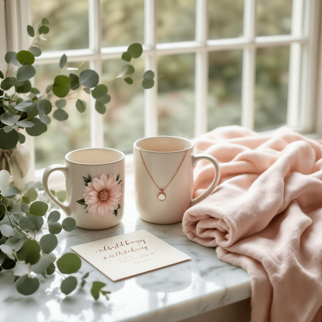 An overhead view of an elegantly styled birthday gift scene featuring a personalized birth month flower mug, delicate gold birthstone necklace, and a soft blush Barefoot Dreams throw blanket arranged on a marble surface. Fresh eucalyptus sprigs, pastel tissue paper, and a handwritten card with elegant calligraphy enhance the soft natural light and muted rose tones of the composition.